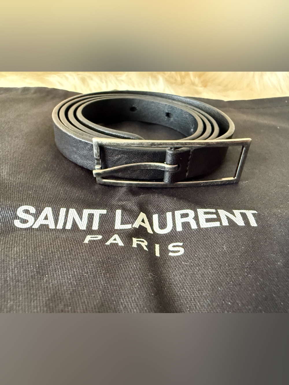 Saint Laurent Black Leather Belt with Rectangular Antiqued Buckle